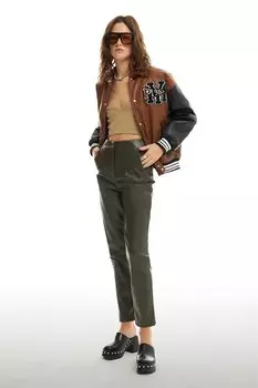 Кожаная студенческая куртка с вышивкой светло-коричневого цвета QUZU