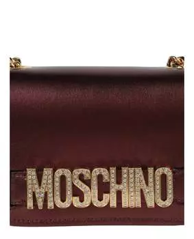 Кожаная сумка через плечо металлик с кристаллами и логотипом Moschino, цвет Fantasy Print Violet