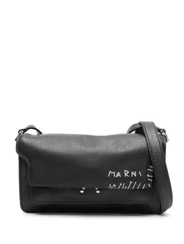 Кожаная сумка через плечо с прошитым логотипом Marni, черный