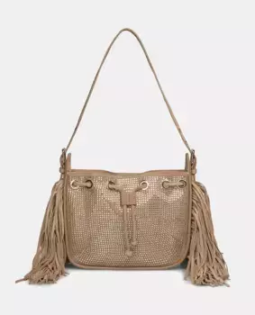 Кожаная сумка через плечо со стразами и боковой бахромой Alma en Pena, коричневый