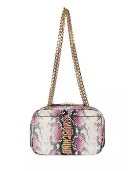 Кожаная сумка через плечо со змеиным принтом и логотипом Moschino, цвет Pink Multi