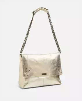Кожаная сумка через плечо XL золотого металлика со змеиным эффектом Pieces, золотой