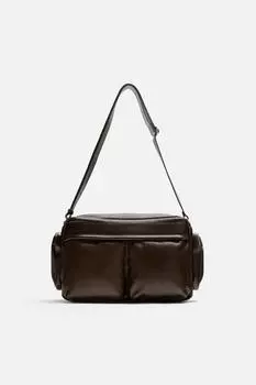 Кожаная сумка через плечо ZARA, коричневый