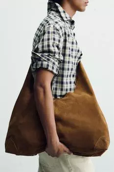 Кожаная сумка для покупок ZARA, коричневый