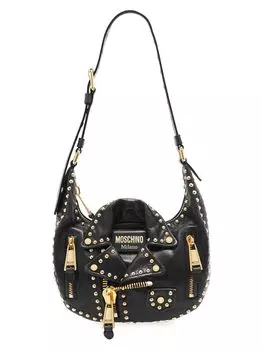 Кожаная сумка-хобо с заклепками в байкерской куртке Moschino, черный