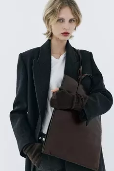 Кожаная сумка-тоут с двумя ручками ZARA, коричневый