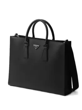 Кожаная сумка-тоут с треугольным логотипом Prada, черный