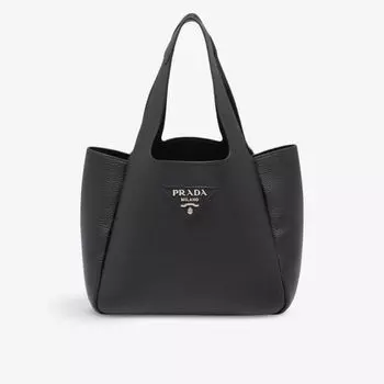 Кожаная сумка-тоут среднего размера с фирменной нашивкой Prada, черный