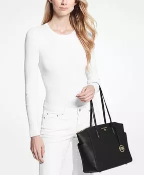 Кожаная сумка-тоут среднего размера с молнией сверху Marilyn Michael Kors, цвет Black/Gold