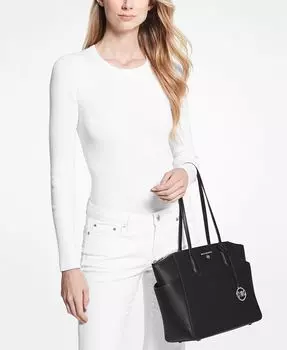 Кожаная сумка-тоут среднего размера с молнией сверху Marilyn Michael Kors, цвет Black/Silver