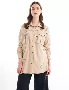 Кожаная туника с воротником рубашки Песочно-бежевый Kayra