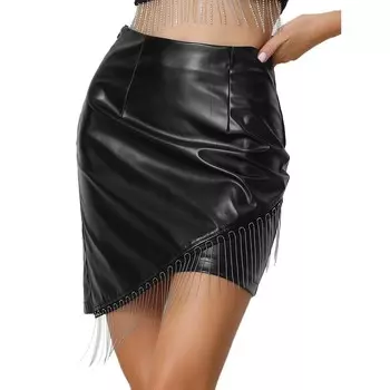 Кожаная юбка для женщин, облегающие короткие юбки с высокой талией и цепочкой из бисера и асимметричным подолом ALLEGRA K, черный
