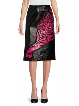 Кожаная юбка-миди с тигровым узором Valentino, цвет Nero