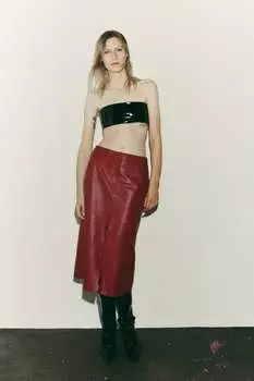 Кожаная юбка миди ZARA, красный