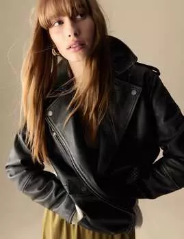 Кожаная удлиненная куртка Girlfriend Biker Per Una, темно-коричневый