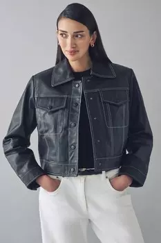 Кожаная укороченная куртка с контрастной строчкой Urban Code, черный