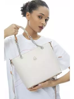 Кожаная женская сумка через плечо с текстовым принтом BENETTON, бежевый