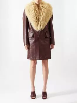 Кожаное пальто с дубленочным воротником Bottega Veneta, бургундия