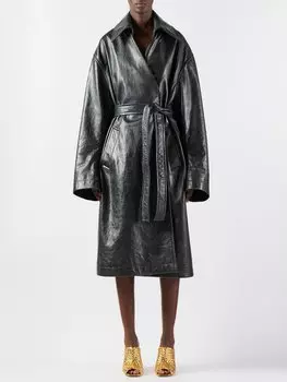 Кожаное пальто с поясом Bottega Veneta, черный