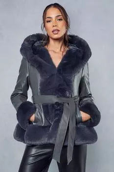 Кожаное пальто с поясом из искусственного меха MISSPAP, серый