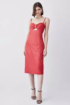 Кожаное платье-карандаш миди с бантом Karen Millen, красный