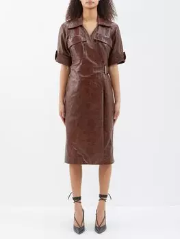 Кожаное платье-рубашка с карманами и поясом Bottega Veneta, коричневый