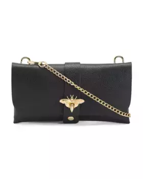 Кожаное плечо через плечо с цепочкой в виде пчелы, сделано в Италии Persaman New York, черный