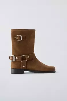 Кожаные байкерские ботинки ZARA, коричневый