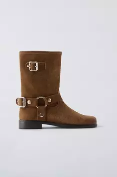 Кожаные байкерские ботинки ZARA, коричневый