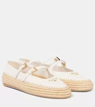 Кожаные балетки Mary Jane с отделкой из рафии Prada, Avorio
