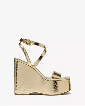 Кожаные босоножи на танкетке с тиснением под змею Michael Michael Kors Paola Metallic, светло-золотой