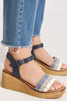 Кожаные босоножки на танкетке с деталями из рафии для очень широкой стопы Jd Williams, синий