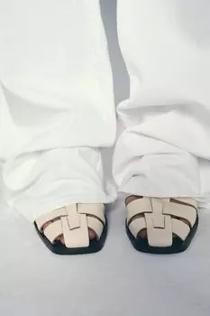 Кожаные босоножки с клеткой на каблуке ZARA, белый