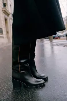 Кожаные ботинки на блочном каблуке ZARA, шоколадно-коричневый
