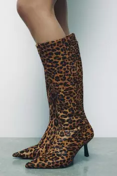 Кожаные ботинки на каблуке с животным принтом ZARA, цвет leopard