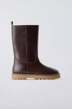 Кожаные ботинки с подкладкой ZARA, коричневый