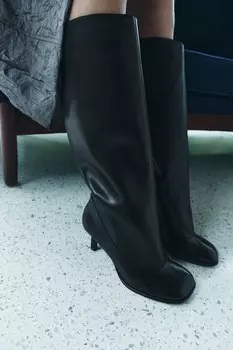 Кожаные ботинки с широким икроном ZARA, черный