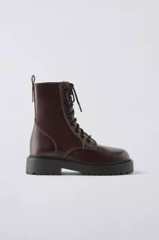 Кожаные ботинки со шнуровкой ZARA, бордовый