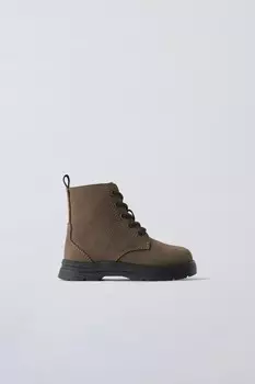 Кожаные ботинки со шнуровкой ZARA, серо-коричневый