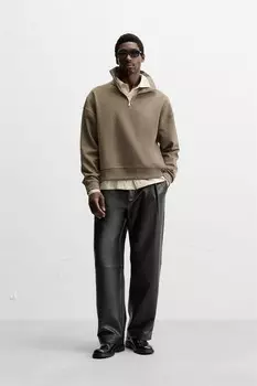 Кожаные брюки со складками ZARA, черный