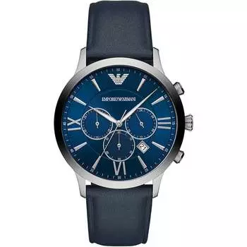 Кожаные часы Giovanni сине-серые Emporio Armani, серебряный