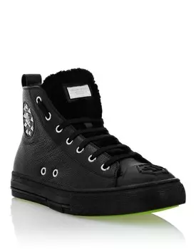 Кожаные кеды Hi-Top на подкладке из овчины Megastar Philipp Plein, цвет Black / Black