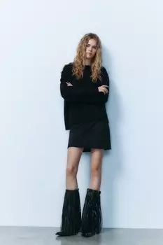 Кожаные ковбойские сапоги с бахромой ZARA, черный