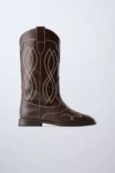 Кожаные ковбойские сапоги ZARA, коричневый