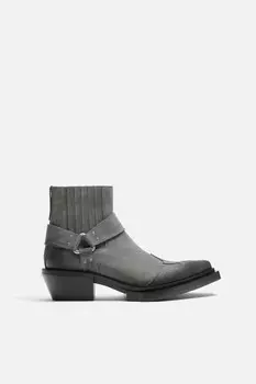 Кожаные ковбойские сапоги ZARA, серый
