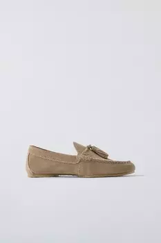 Кожаные лоферы с заклепками ZARA, бежевый