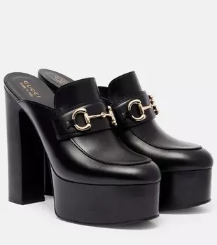 Кожаные мюли на платформе с подвеской Horsebit Gucci, черный