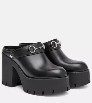 Кожаные мюли на платформе с подвеской Horsebit Gucci, черный