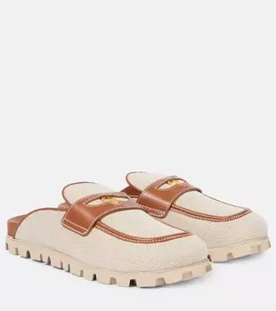 Кожаные мюли с отделкой из холста Miu Miu, Naturale + Brandy