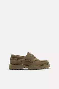 Кожаные палубные туфли ZARA, цвет Khaki Green